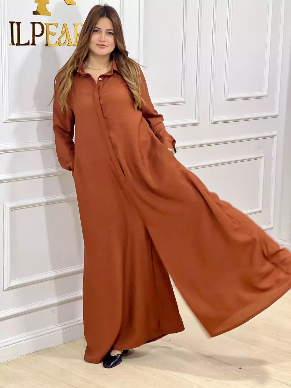 Wide Leg Linen Jumpsuit with Long Sleeves- Dark Orange image