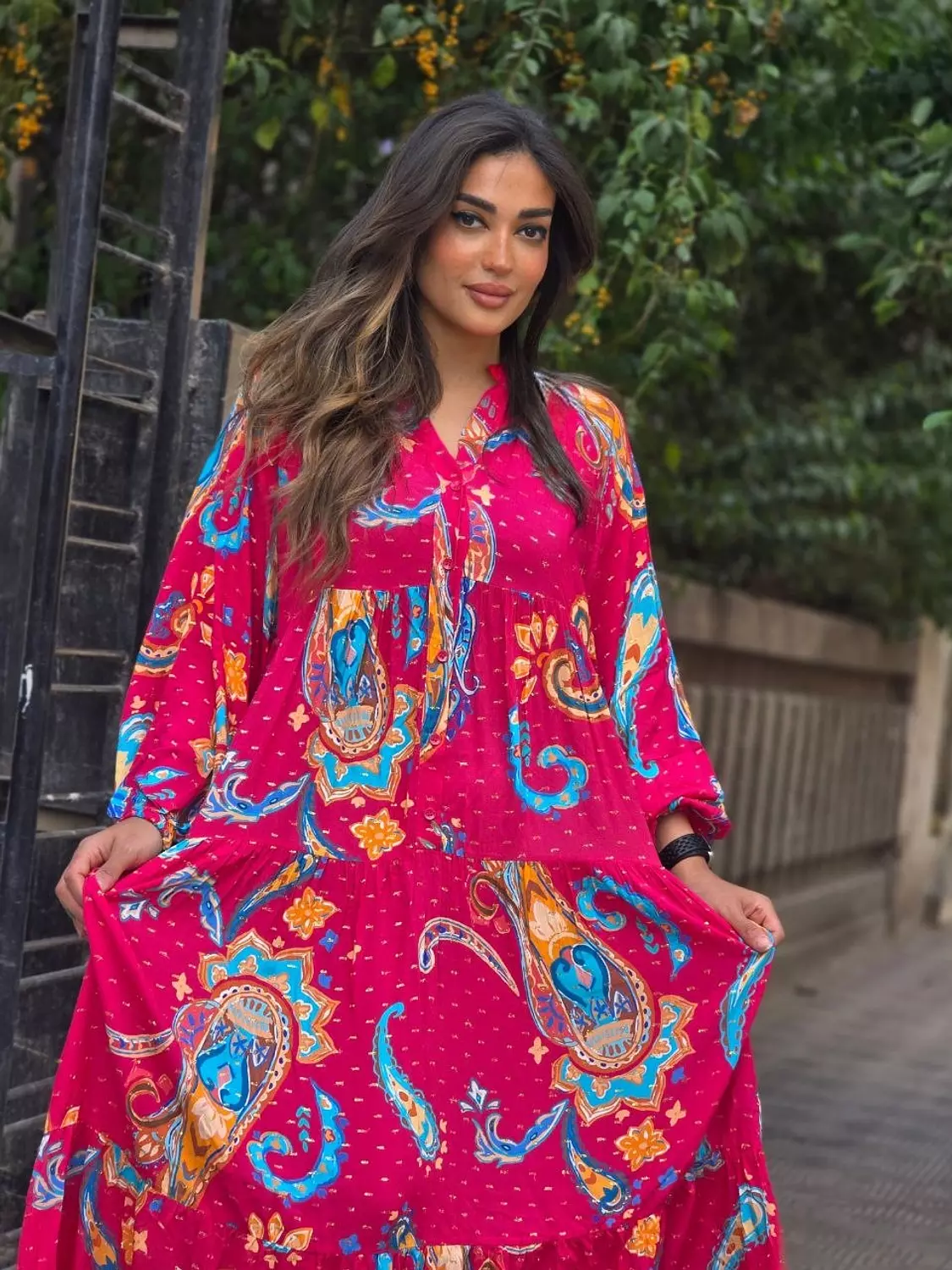 Fushia multicolour dress with gold shimmer 2