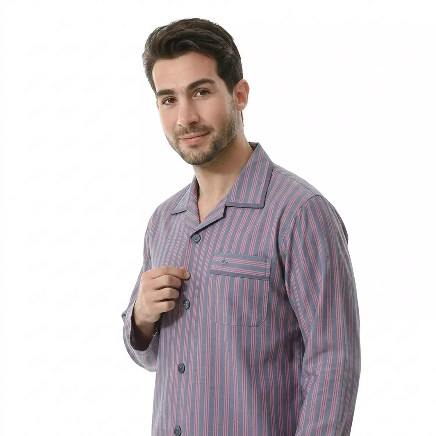 بيجاما رجالي مقلم كم طويل - 2393- مخطط باللون رمادي *احمر 2