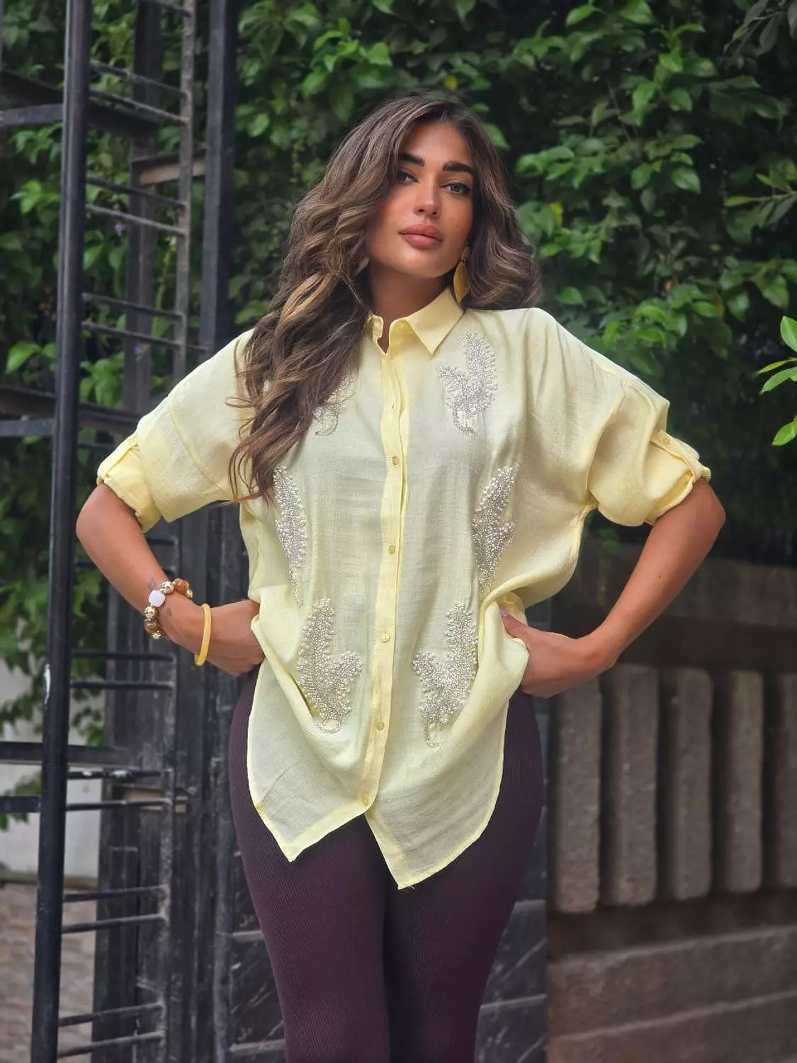 Yellow leaflets embroidered shirt 2