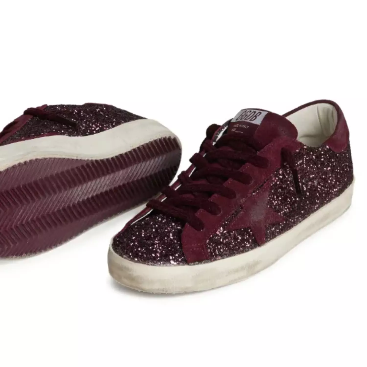 Golden Goose Super-Star low-top sneakers in burgundy glitter with suede star 3