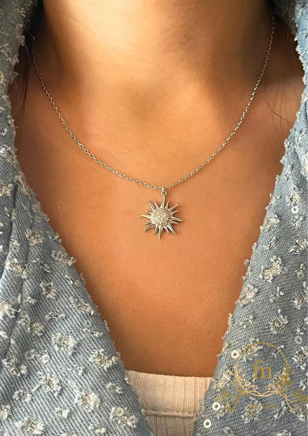 Shinny sun silver necklace with zircon stones  hover image