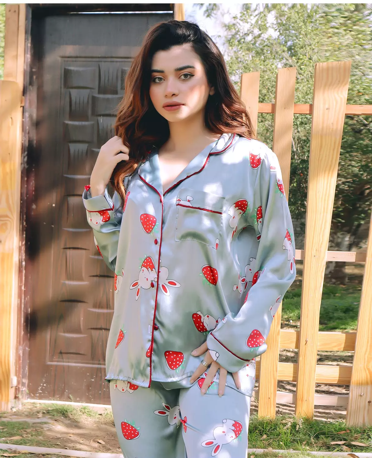 Bunny & Strawberry Print Satin Pajama 4