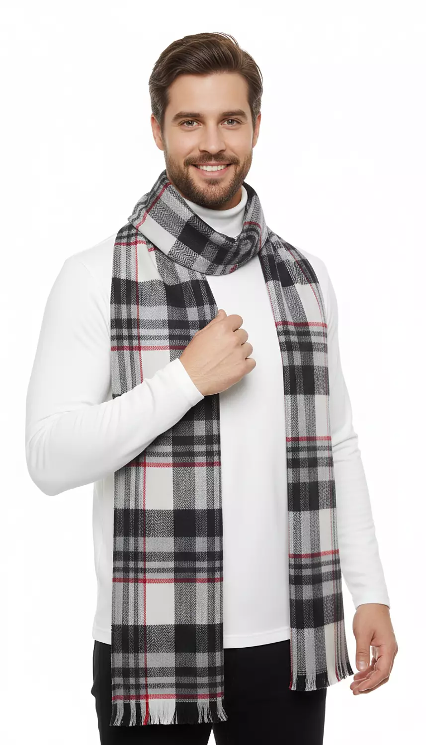 Check Shawl - 2359 - White * Black * Thin Red Lines image