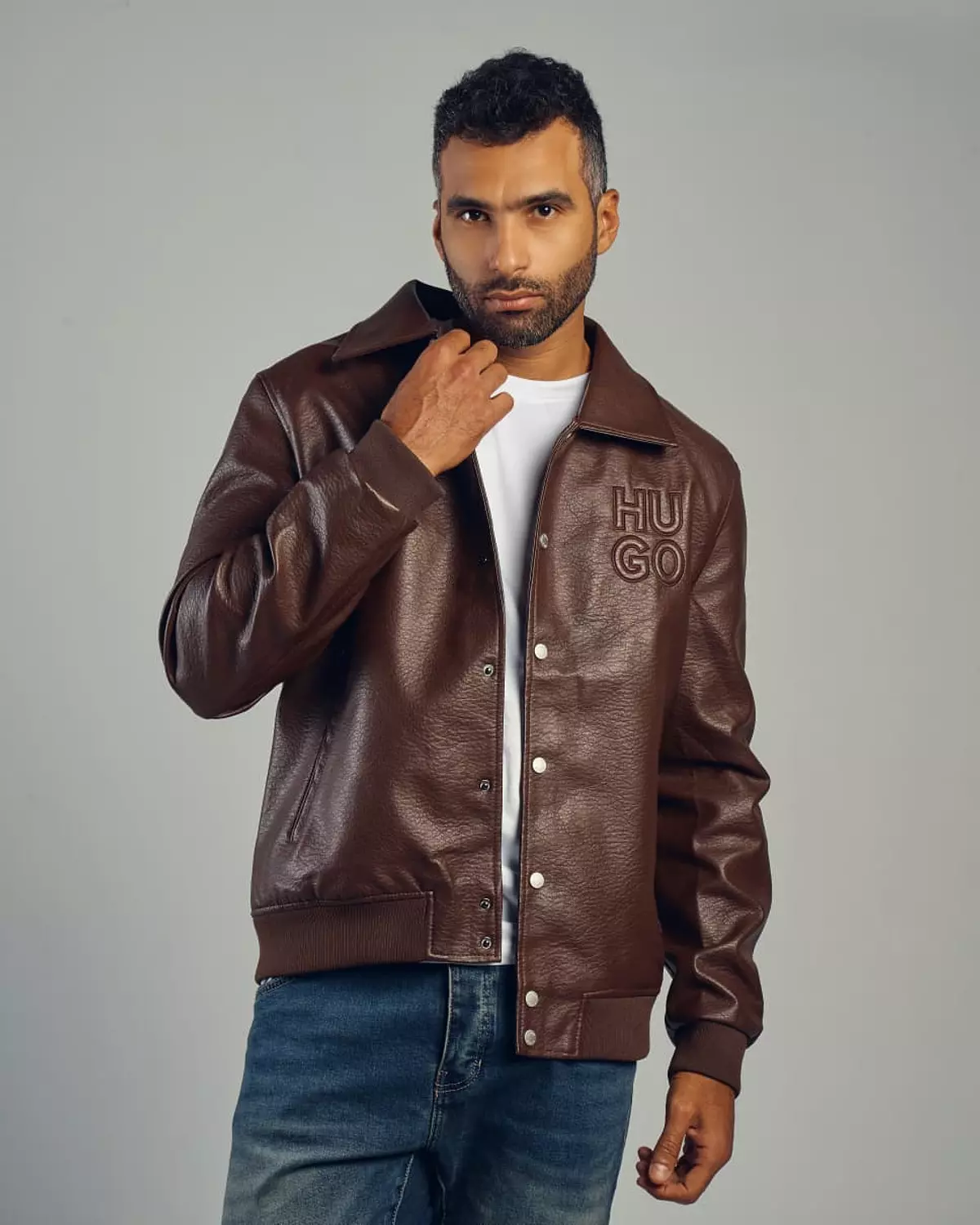 HUGO Brown leather jacket hover image