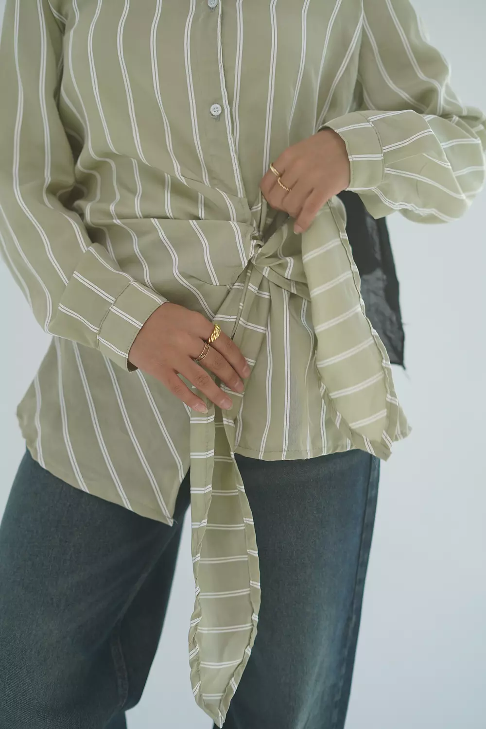 Olive long striped shirt with side tie 4