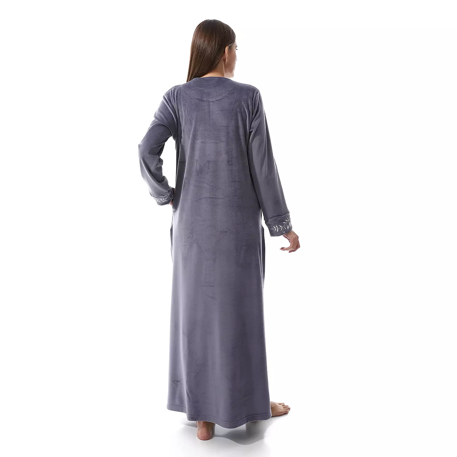 Shorto Women Nightgown Fleece Round Neck - Embroidery Flower - 2525 - Grey 4
