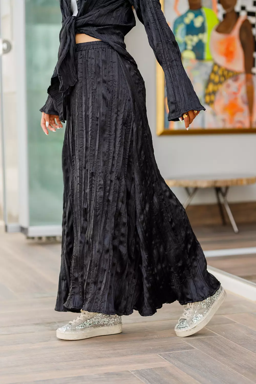 Black crushed maxi satin skirt  image