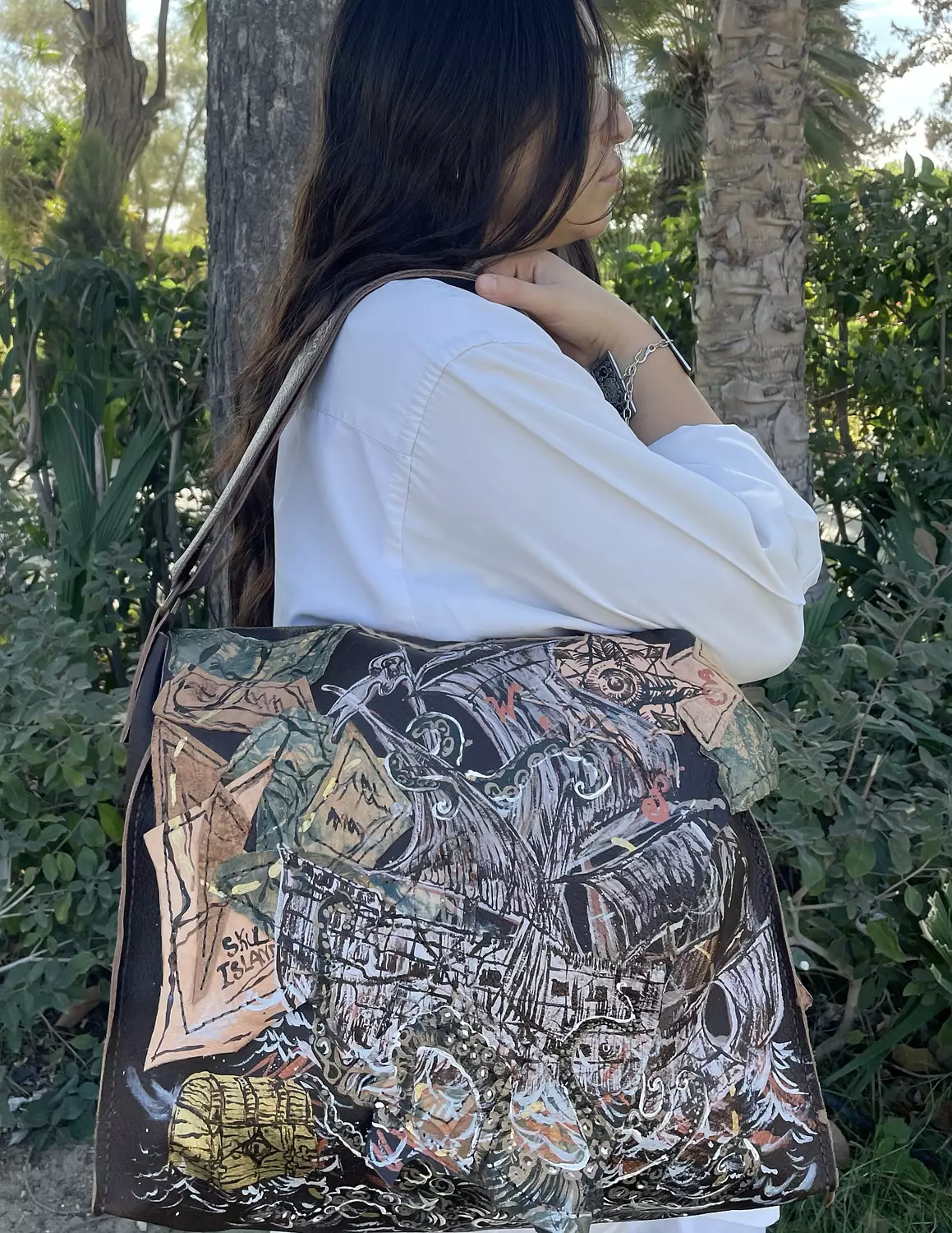 Treasure map real leather hand-made bag