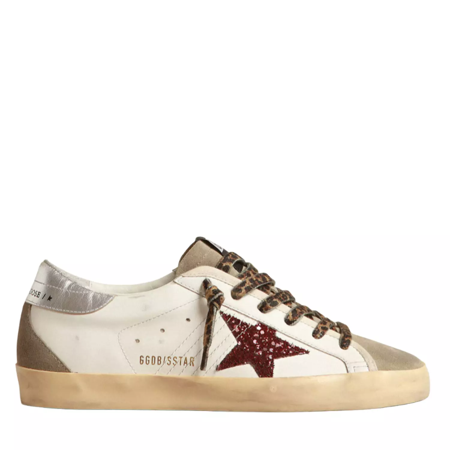 Golden goose Super-Star with burgundy glitter star and silver heel tab image