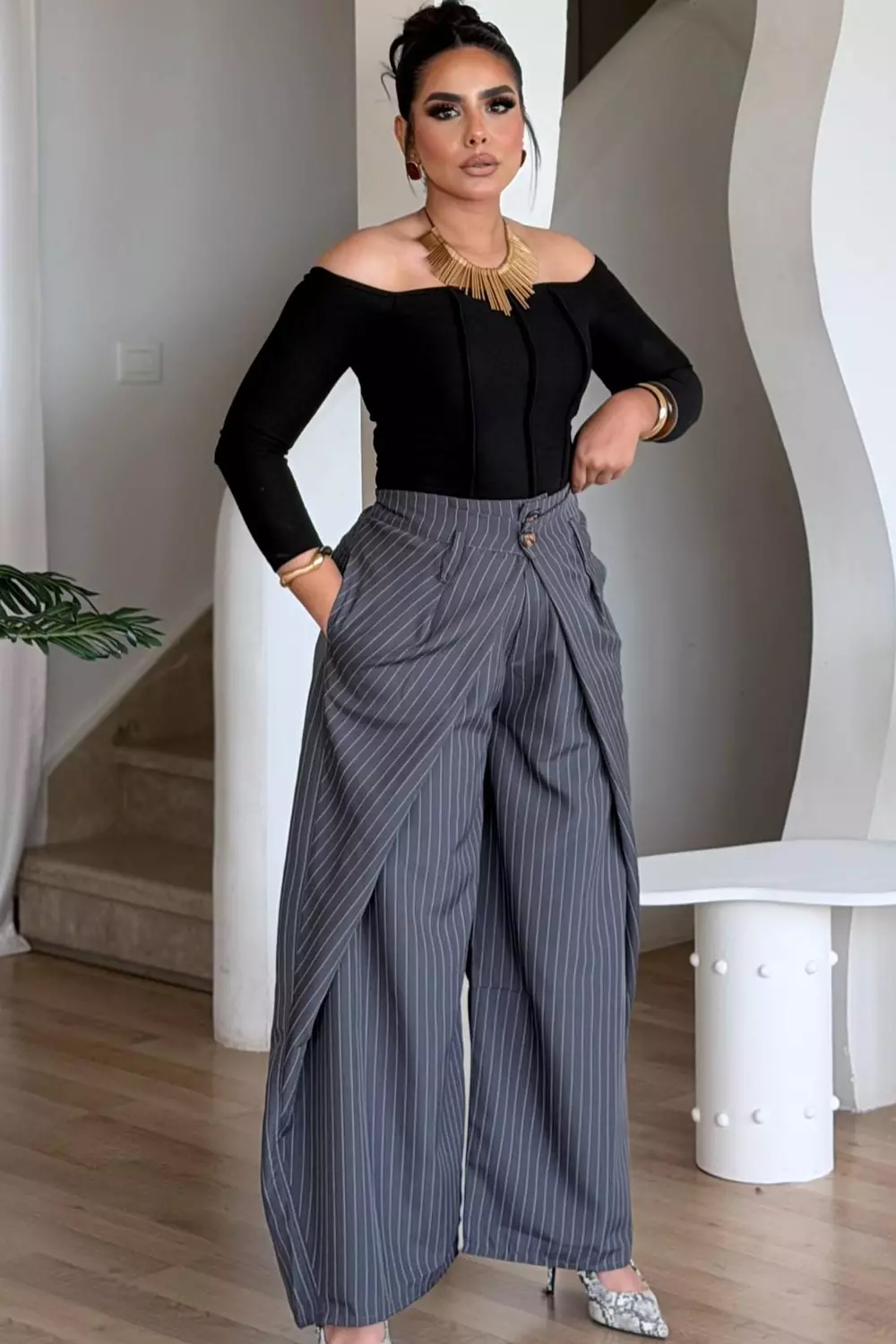 Pinstripe Extra Wide-Leg Trousers with Draped Front 9