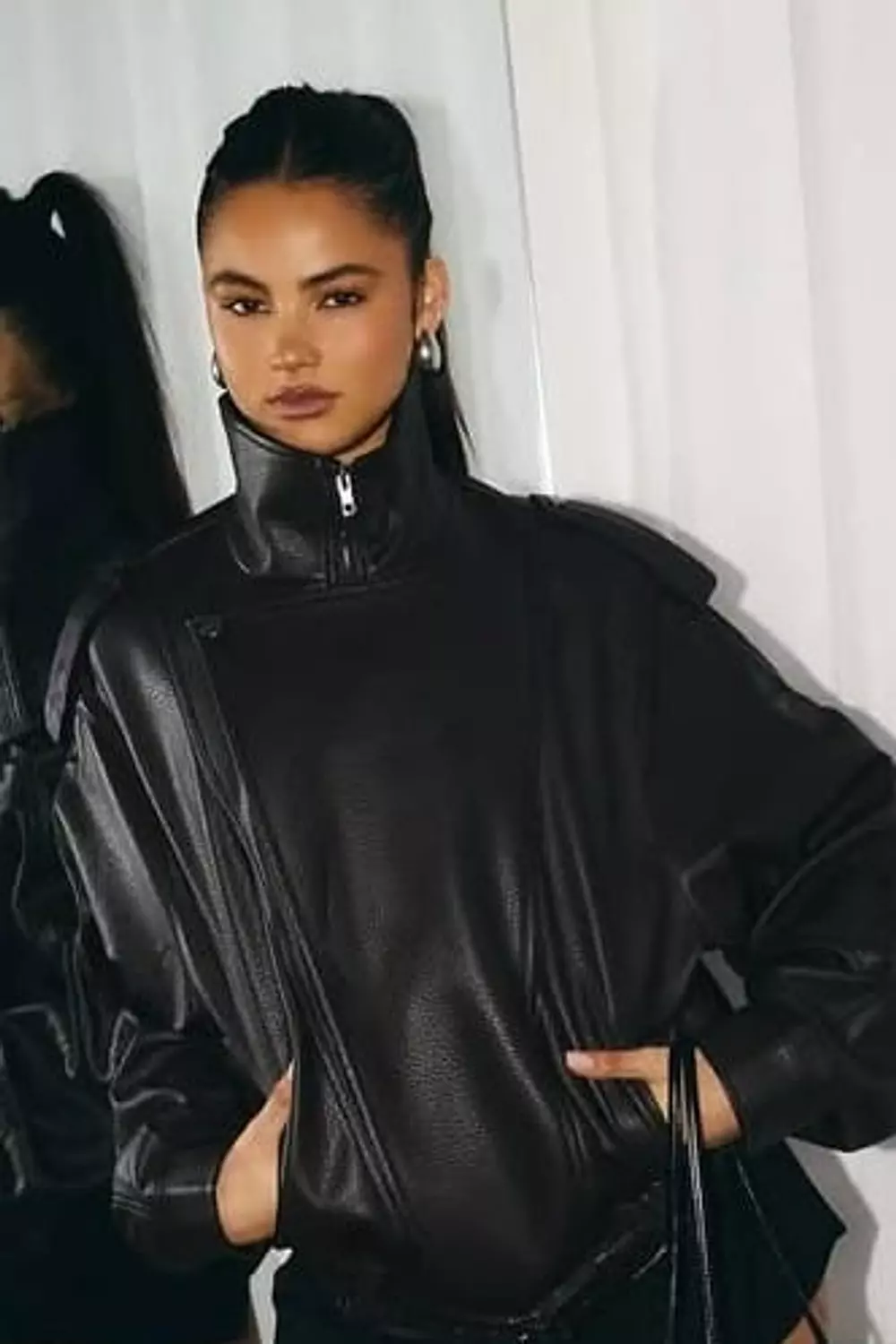 Zipper Collar Leather Bomber 