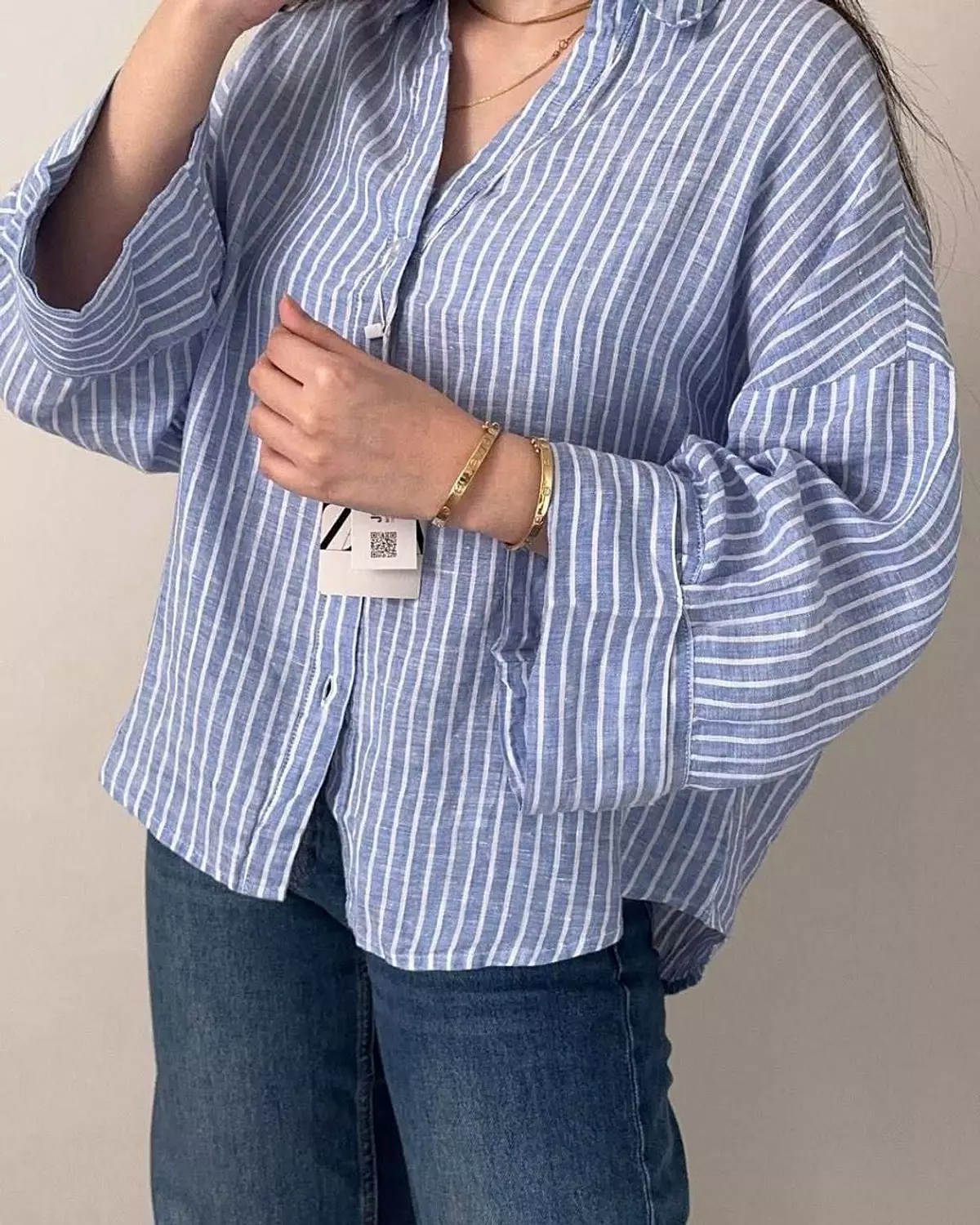 Oversized Shirt with Vertical Pinstripes and Statement Cuffs 1