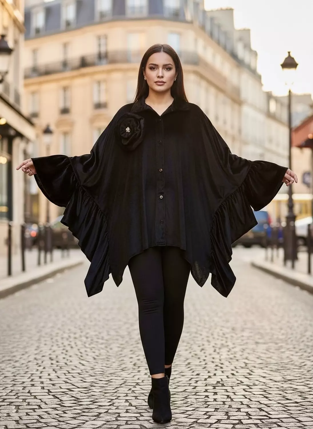 Elegant Ruffled Buttoned Cape – Black image