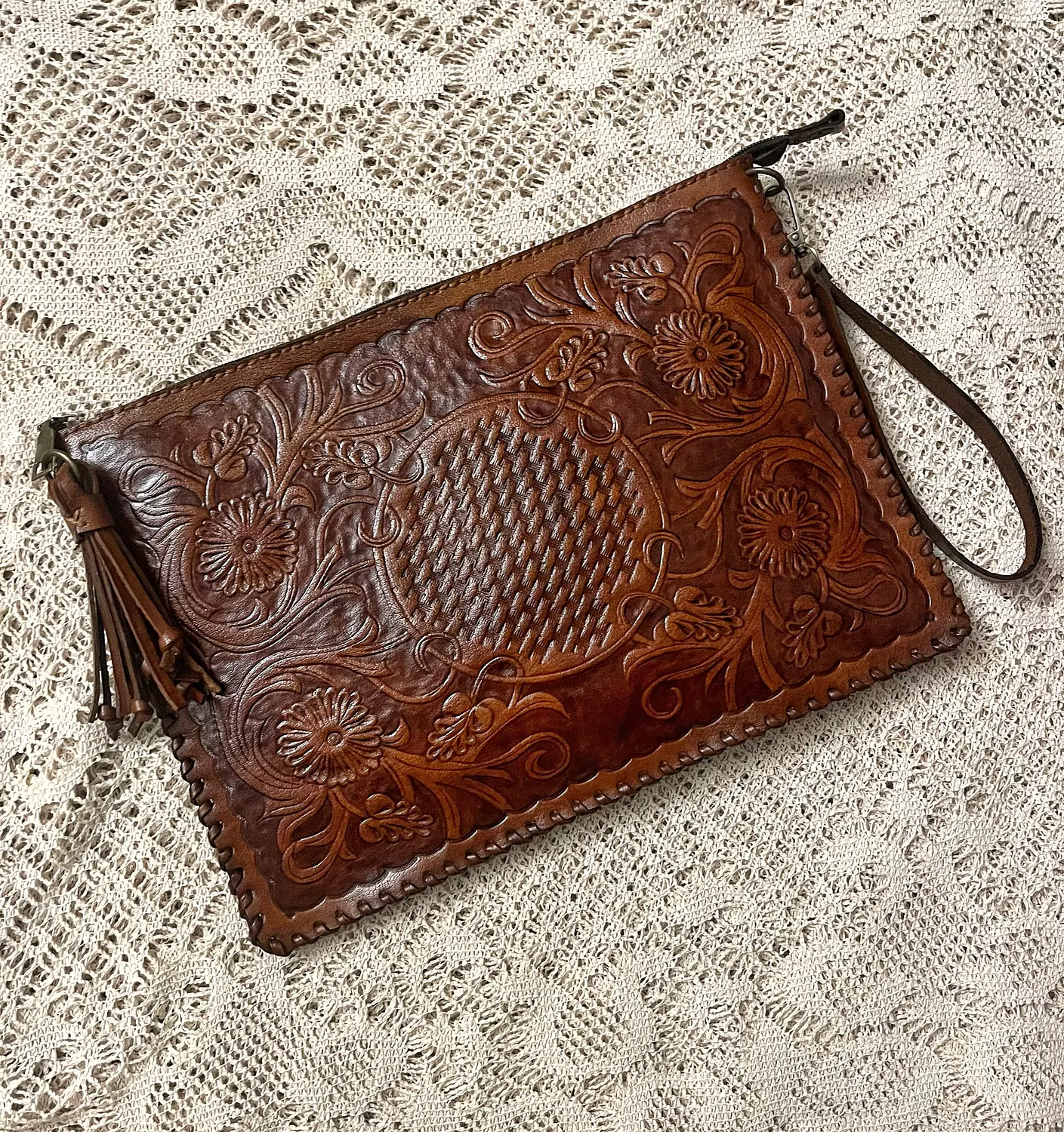 Floral basket tooled leather clutch 11