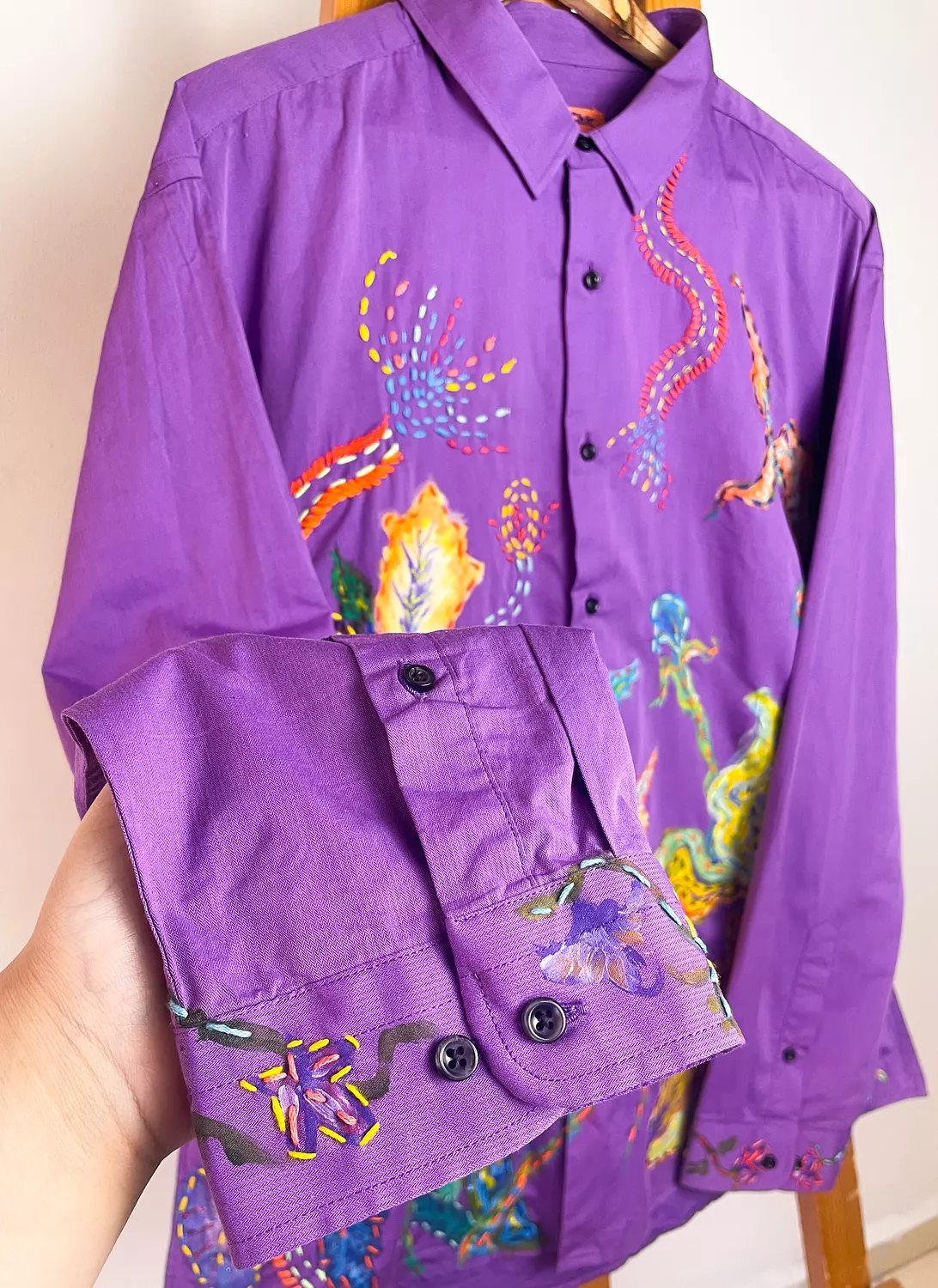 “Abstract Bloom”  Hand-Painted & Embroidered Cotton Shirt 5