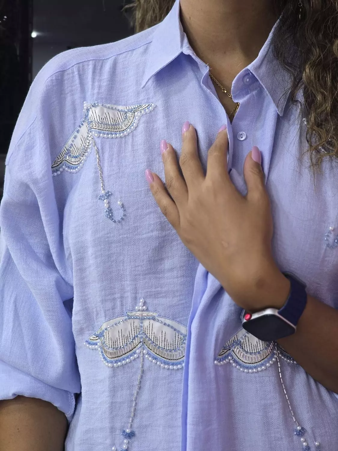 Baby blue Umbrella embroidered linen shirt 🌂  4