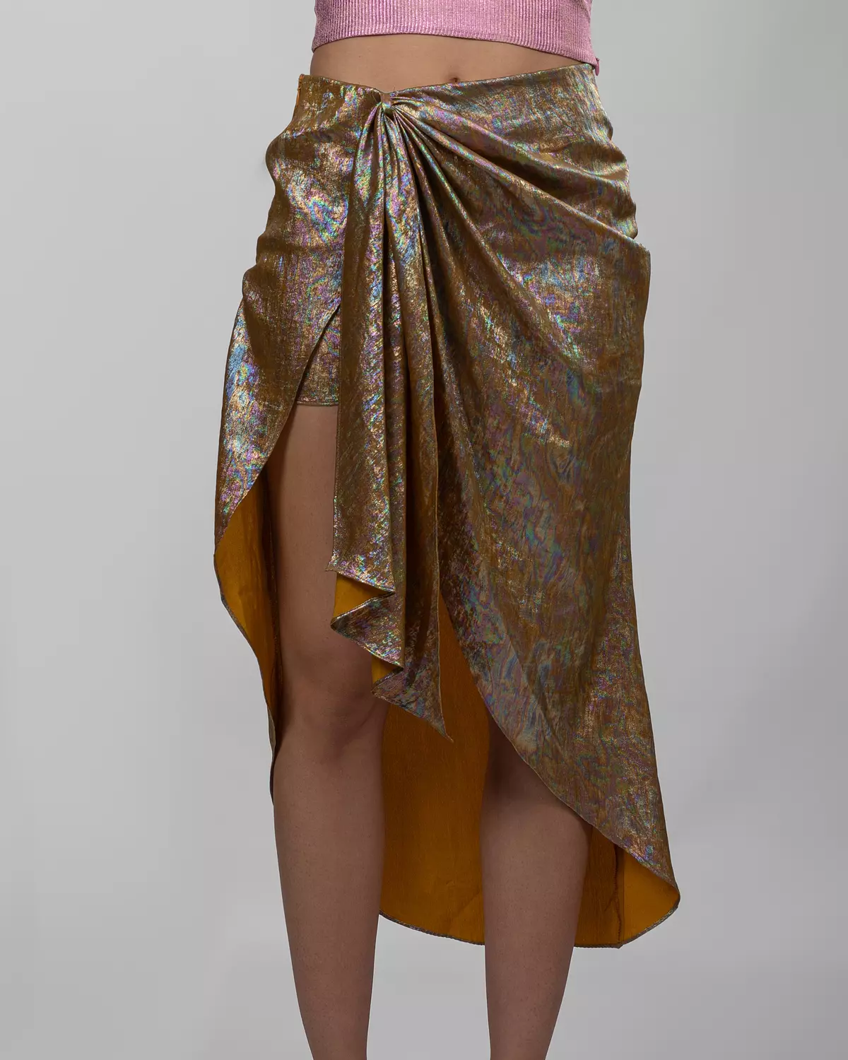 Gold Metallic Draped High-Slit Skirt 4