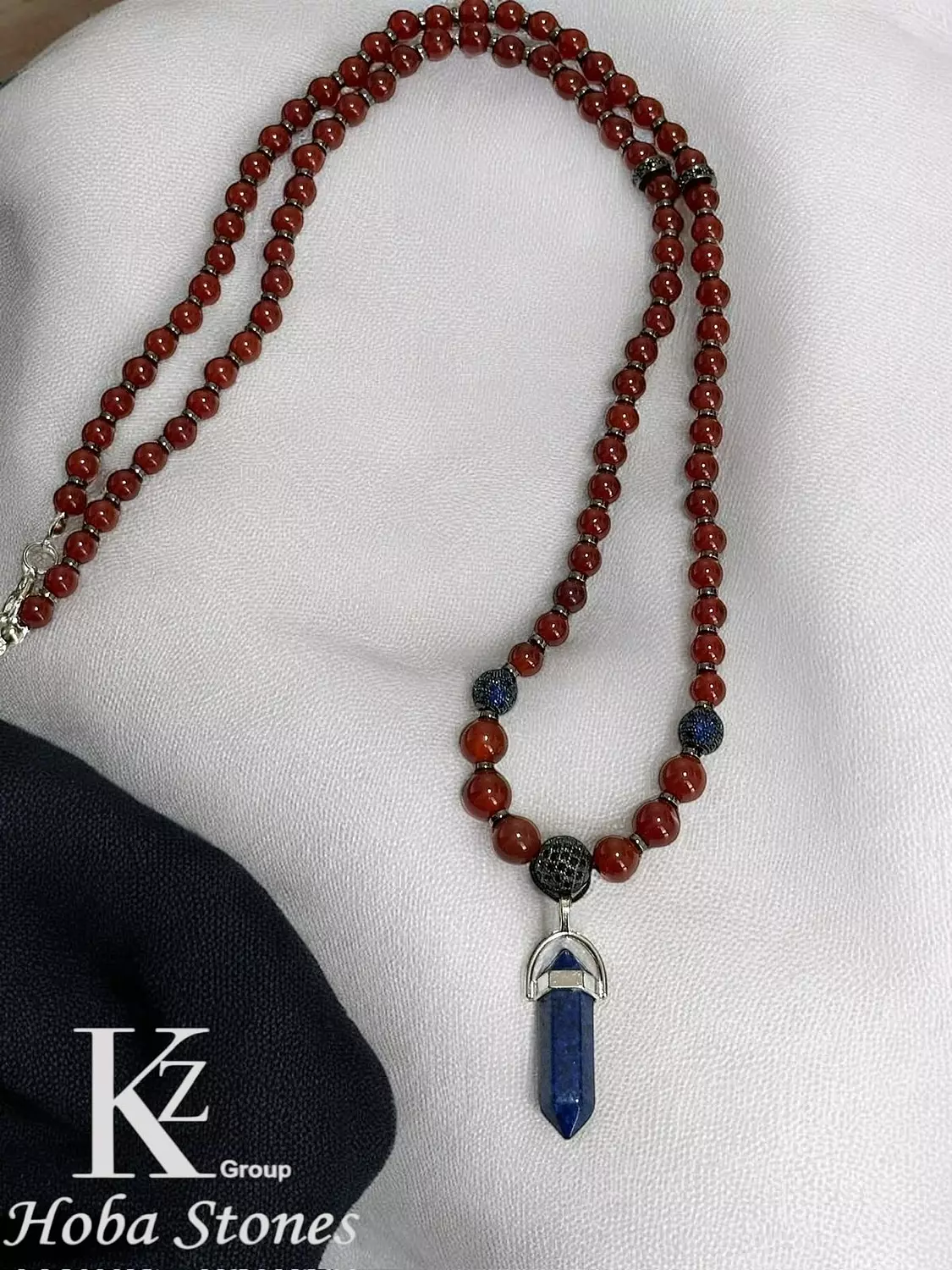 Red agate necklace with hematite separators and Lapis lazuli pendant hover image