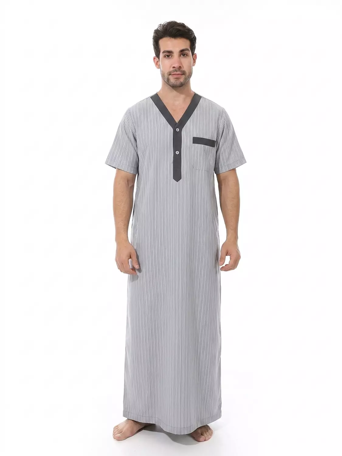 جلابيه رجالي مقلمة نص كم - 2258 - شريط رمادي غامق image