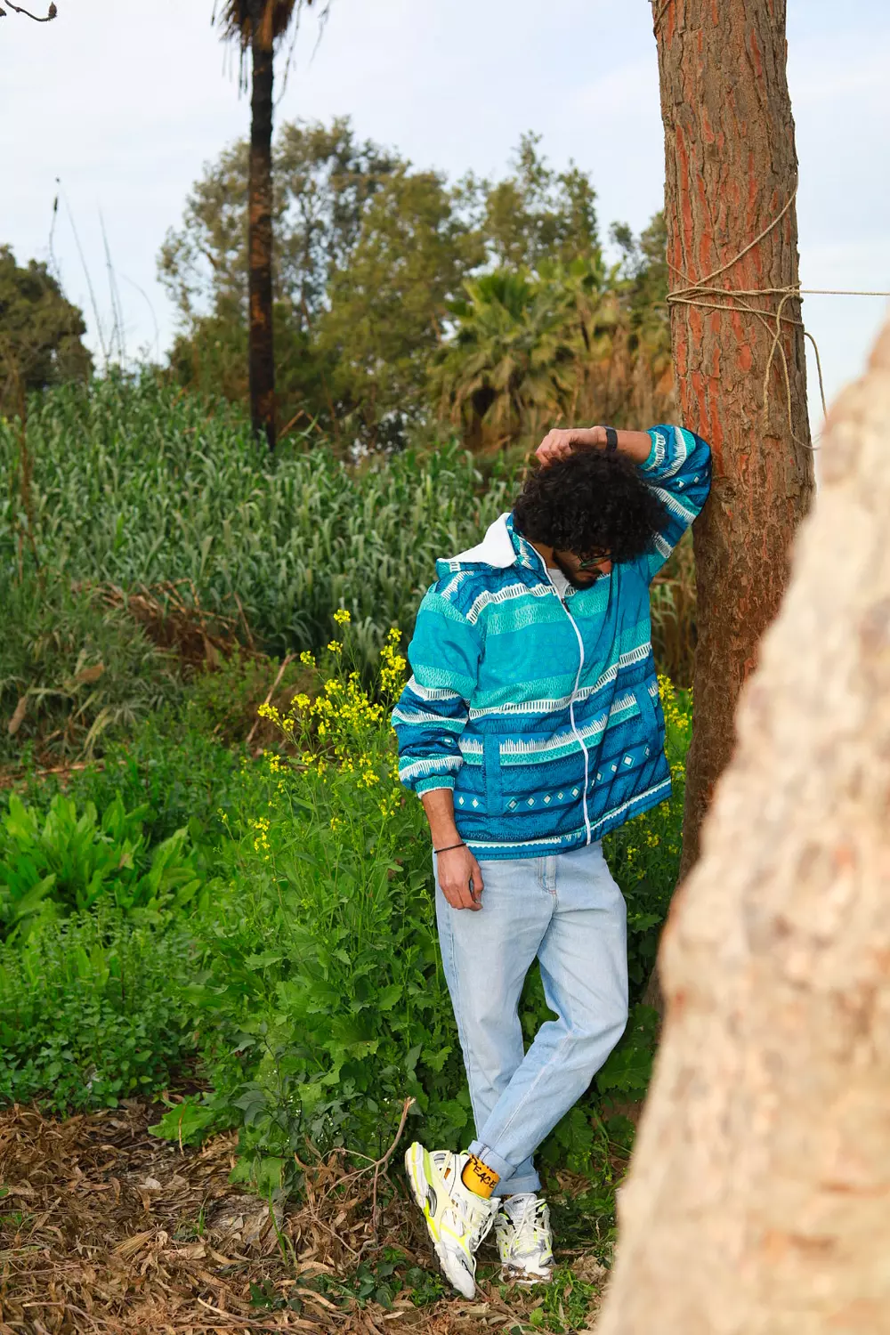 Hooded Blue Tribal Patterned Bomber Jacket 1