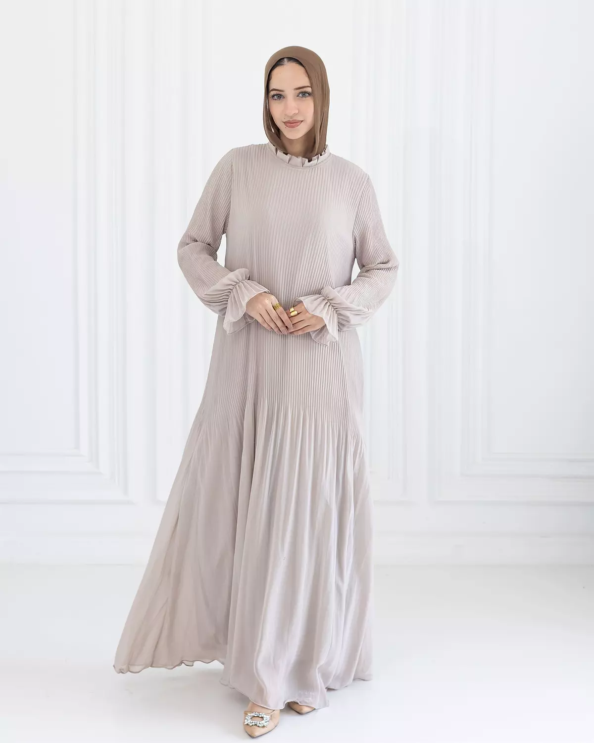 Chiffon Pleated Dress | Beige 6