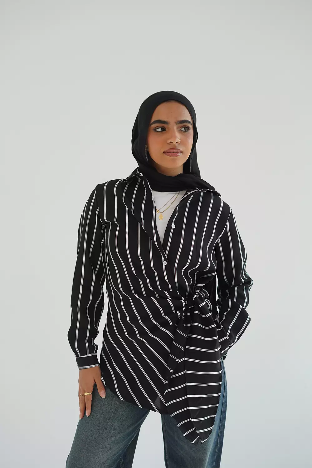 Black long striped shirt with side tie hover image