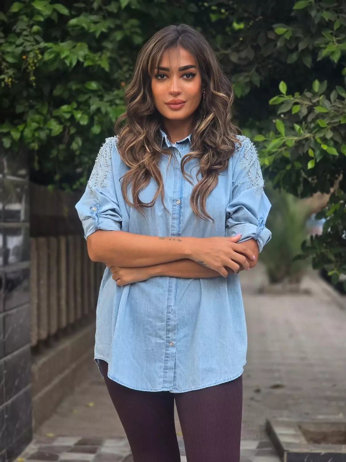 Light blue denim embroidered shirt hover image