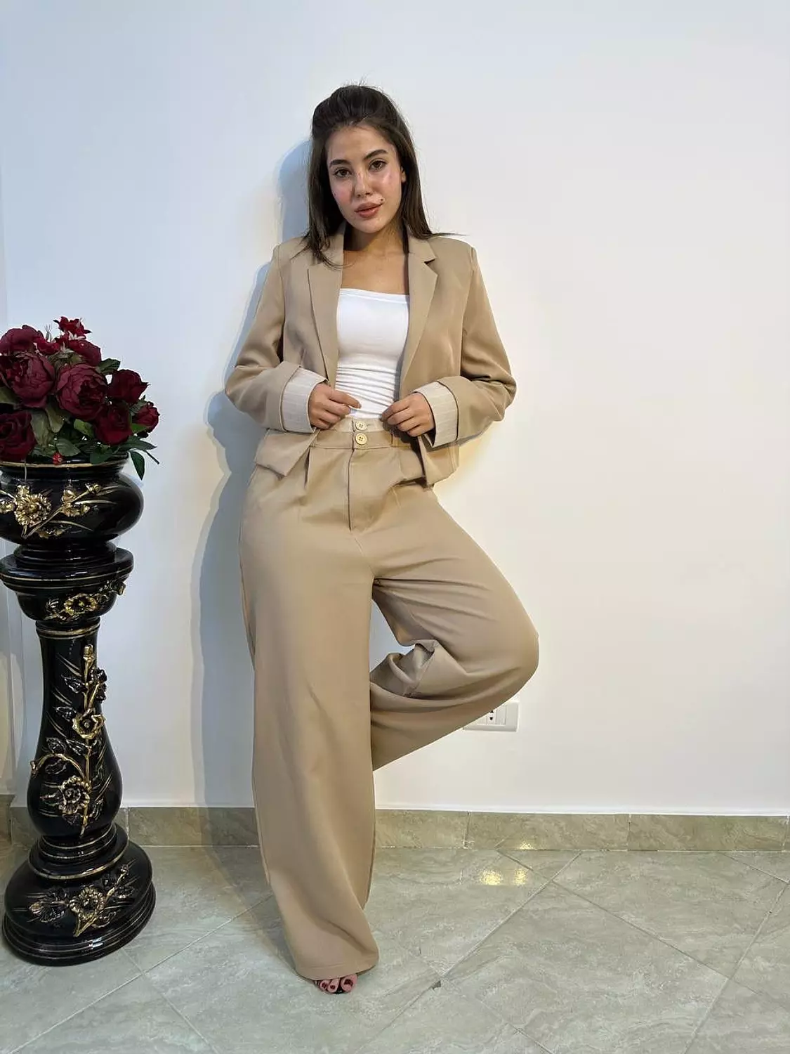 Premium Rosaline Blazer & Wide-Leg Trousers Set – Striped Waist Detail 4