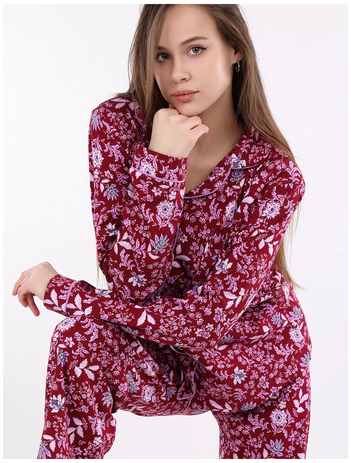 S613 Midnight Bloom Floral Buttoned Long Sleeved Pajama Set image