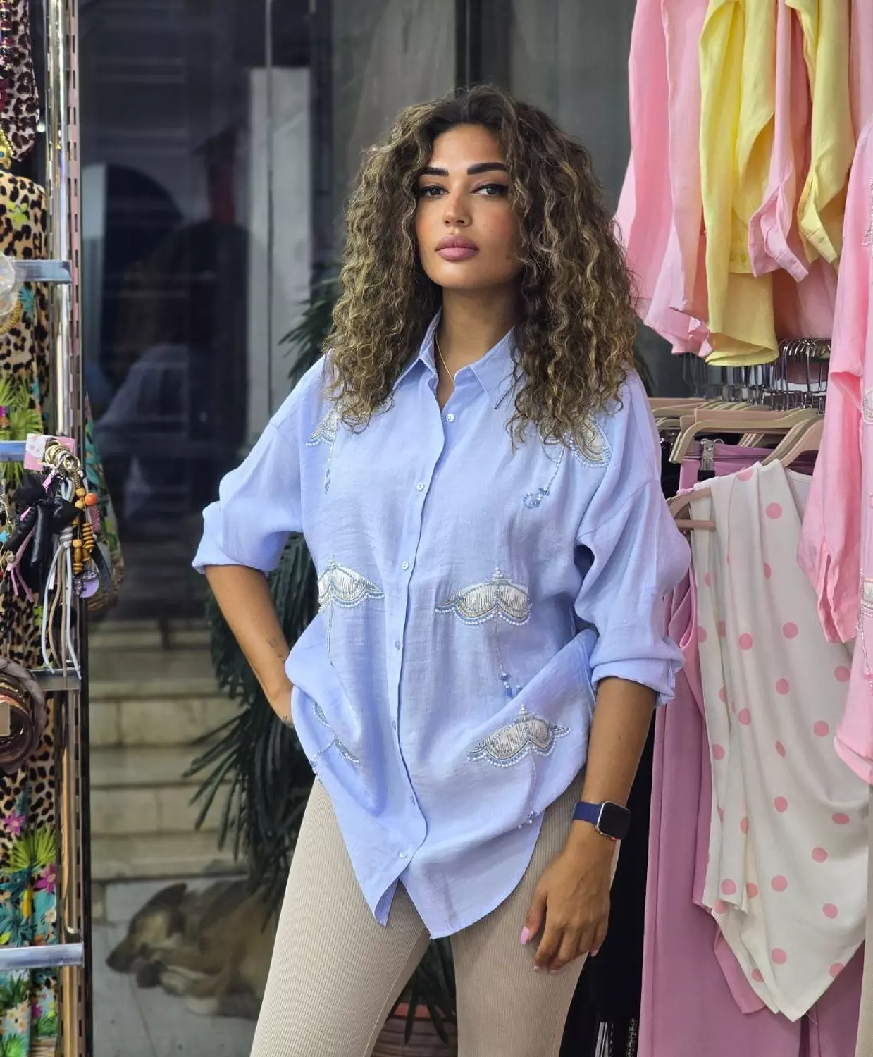 Baby blue Umbrella embroidered linen shirt 🌂  hover image