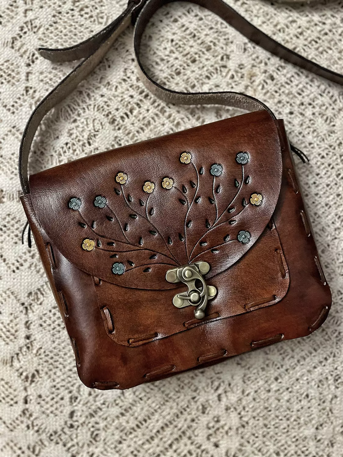 Hand painted yellow-blue flowers leather bag hover image