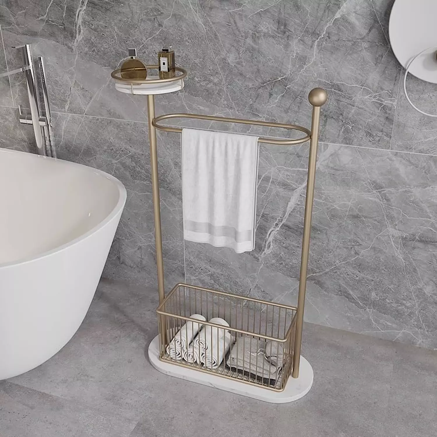 Bathroom towel organizer with clothes basket  hover image