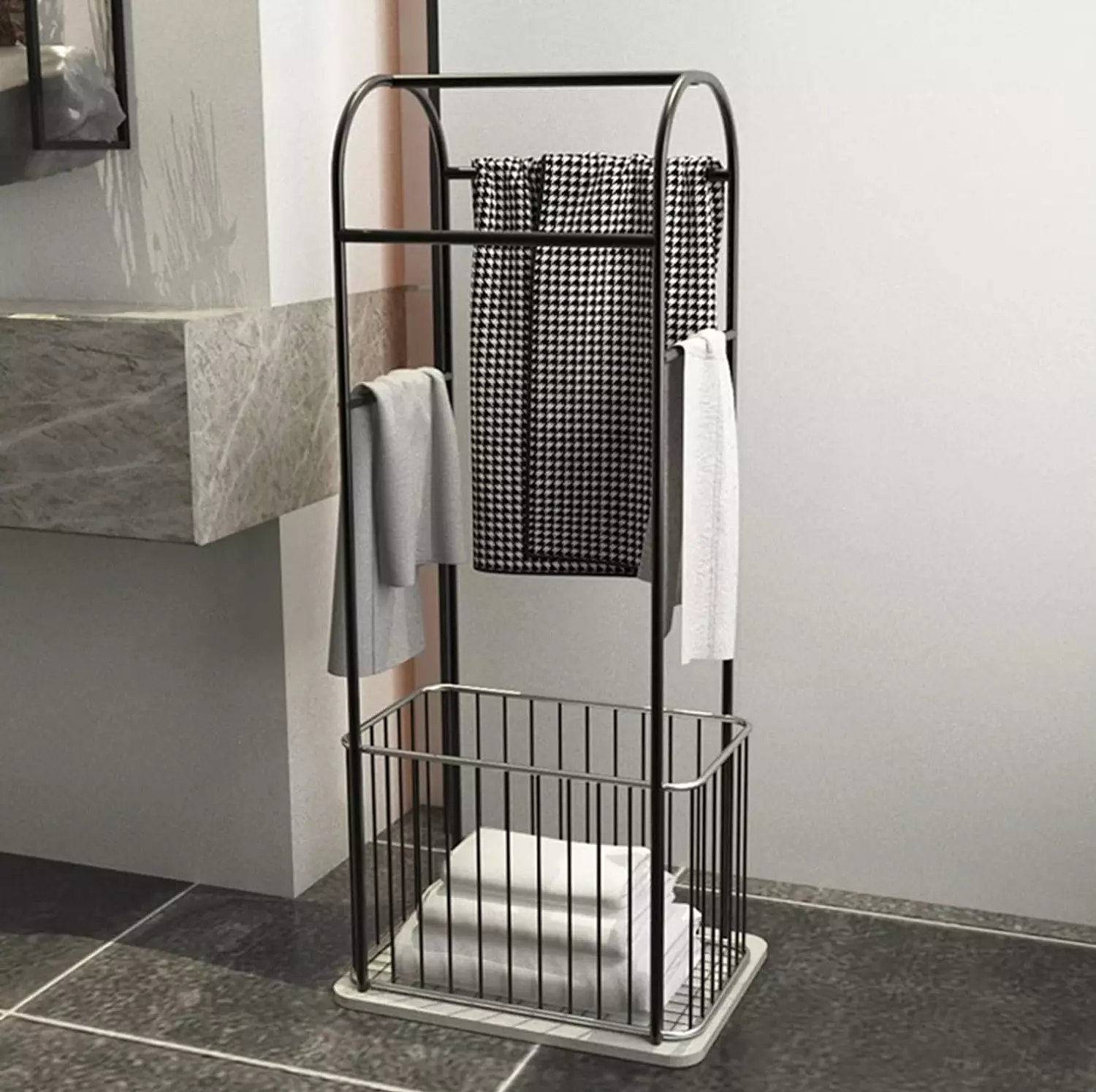 Bathroom towel organizer with clothes basket  hover image