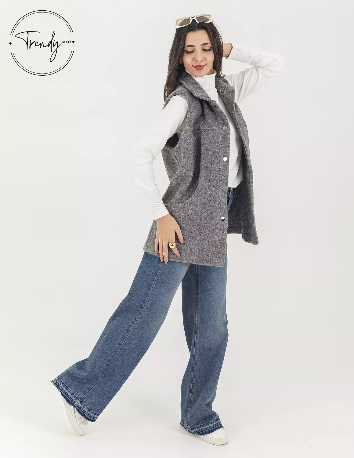 Wool Cut Pocket Long Grey Vest 1