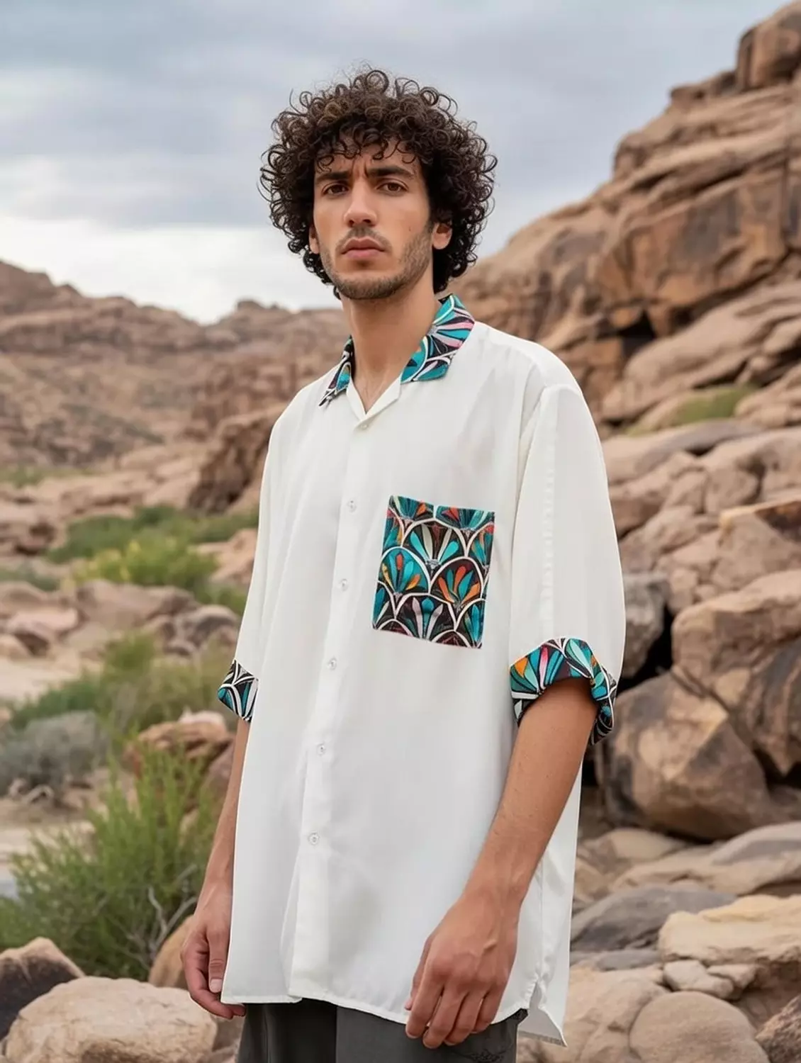 Loosefit White Viscose Shirt w/Green Pattern Patching