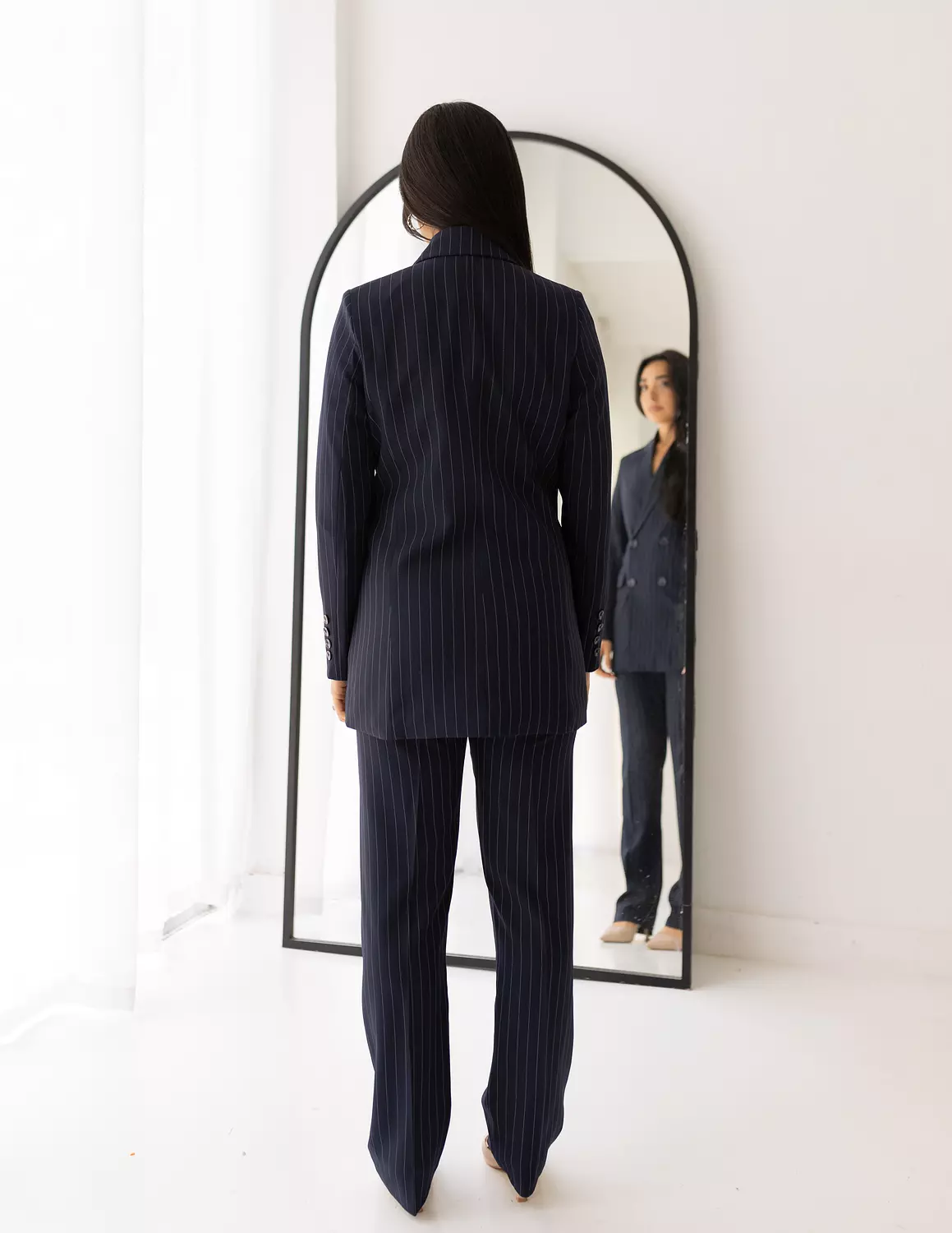 Striped Navy double breasted Long blazer  2