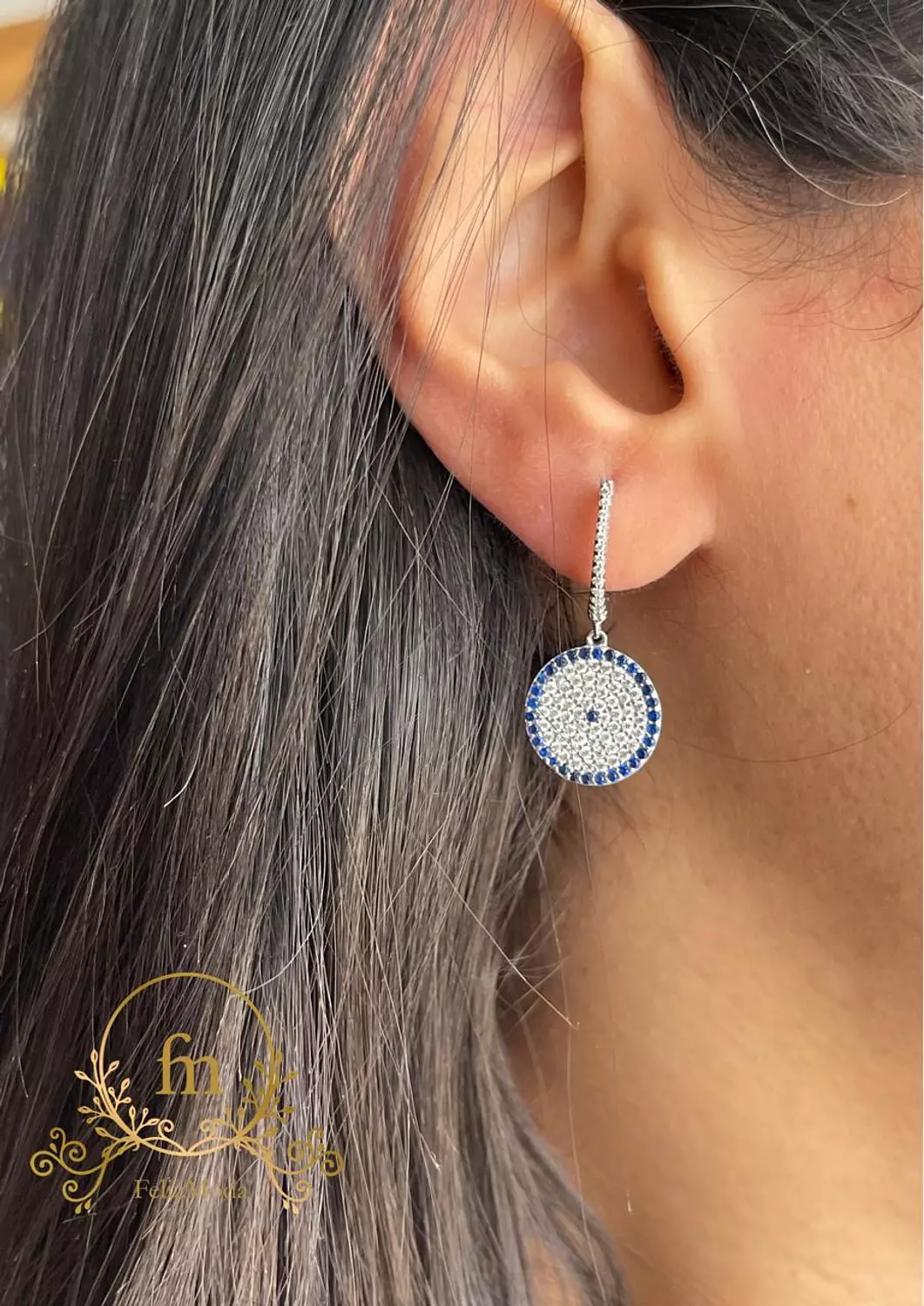 Blue eye silver earrings with zircon stones image