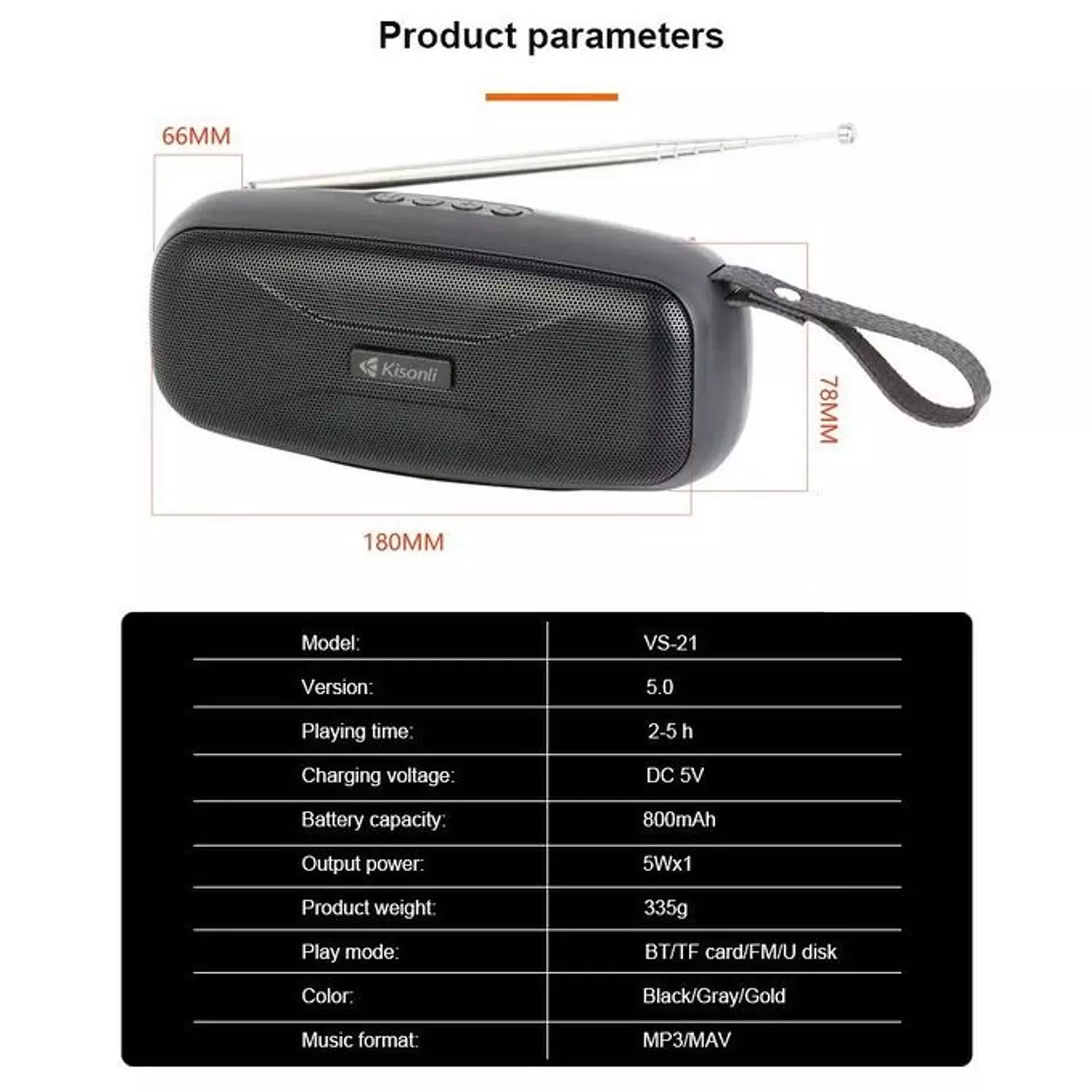 Kisonli VS-21 5W Bluetooth Speaker, 800mAh Battery, USB and TF Card Support - black 6