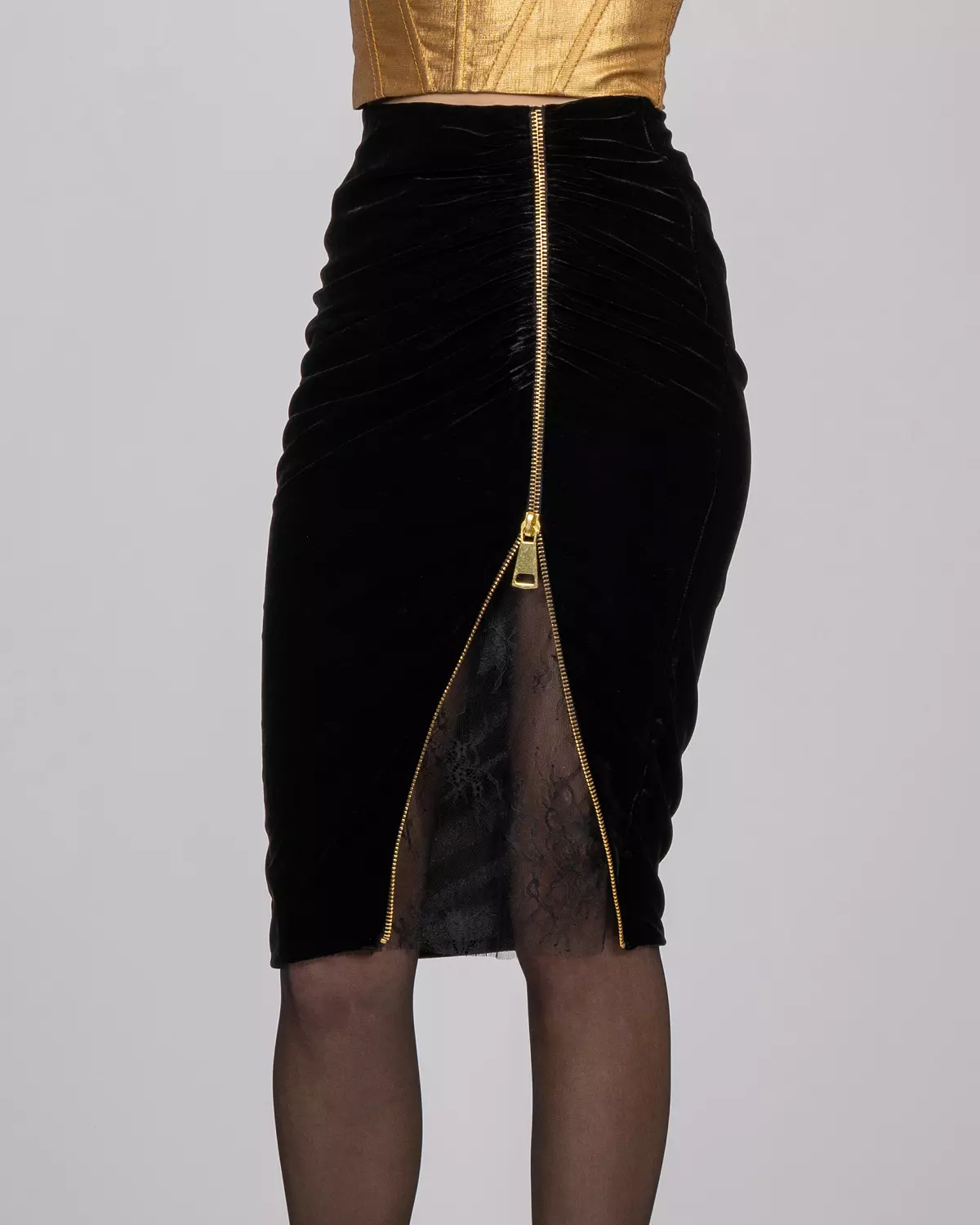 Black Silk Velvet Midi Skirt image