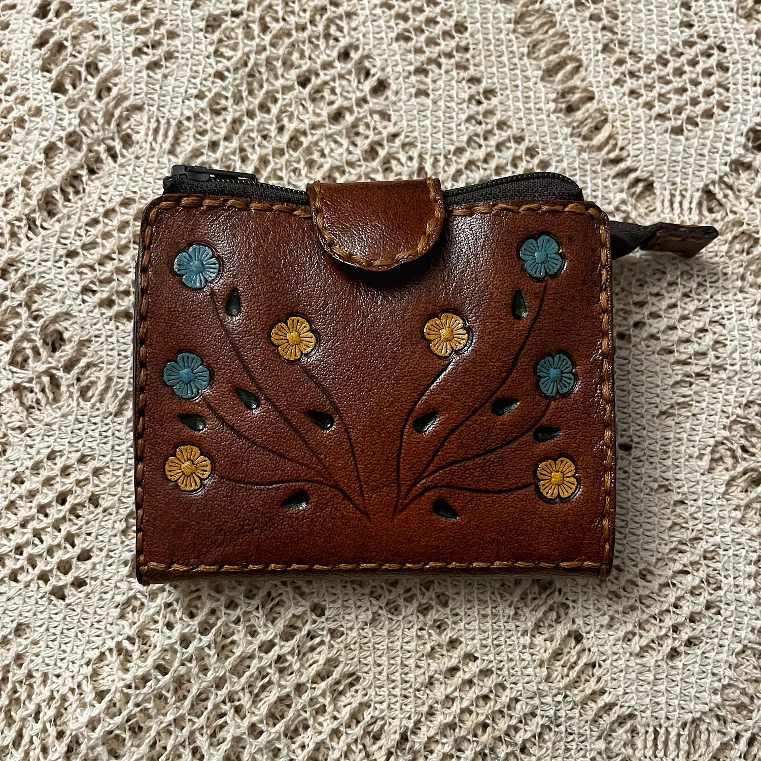 Hand painted yellow-blue flowers leather wallet-flap closure image