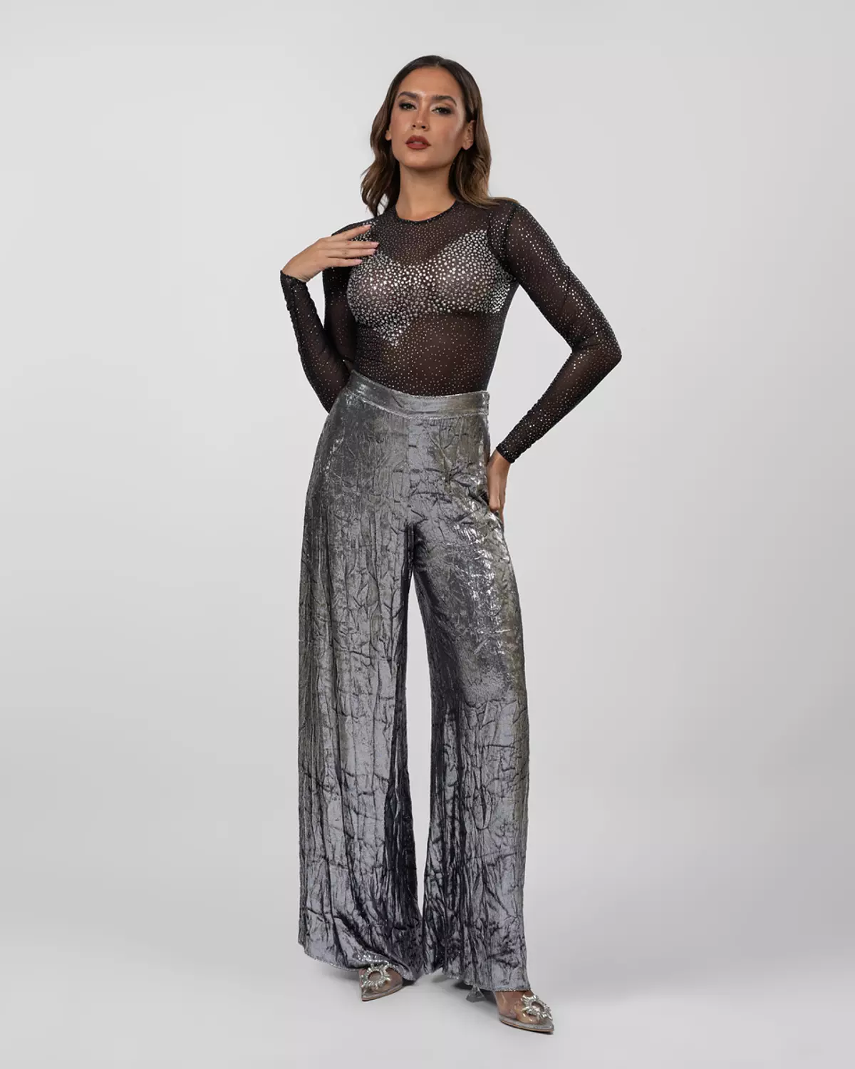 Silver Crushed-Texture Wide-Leg Pants 3