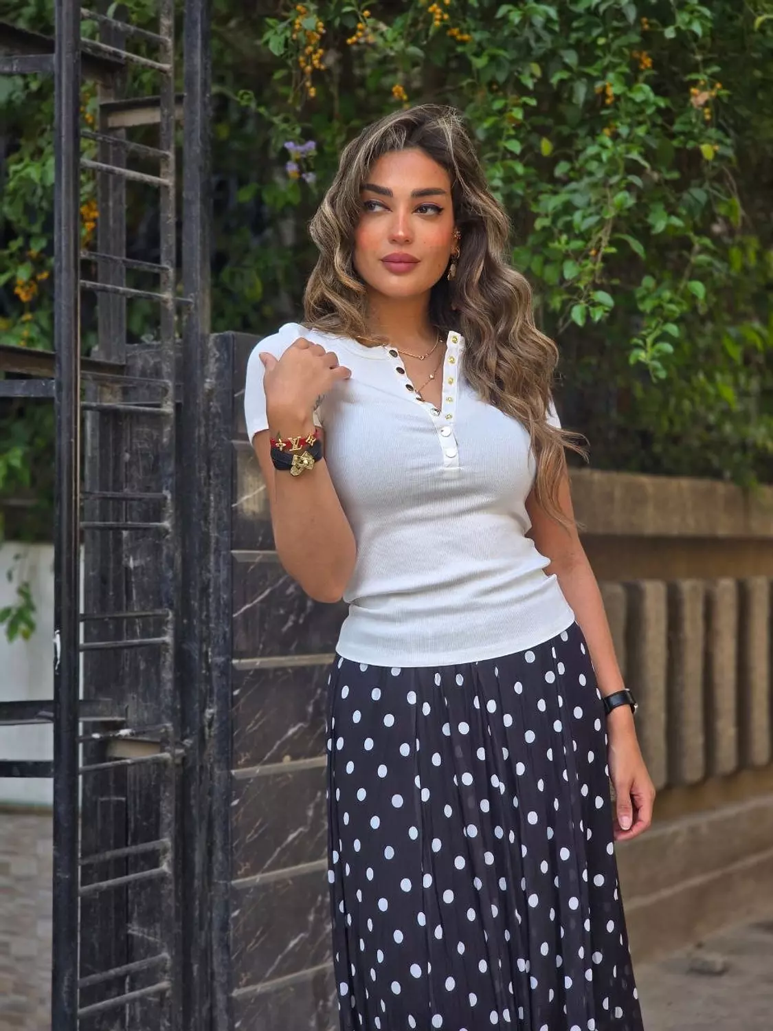 White basic top with gold buttons  hover image
