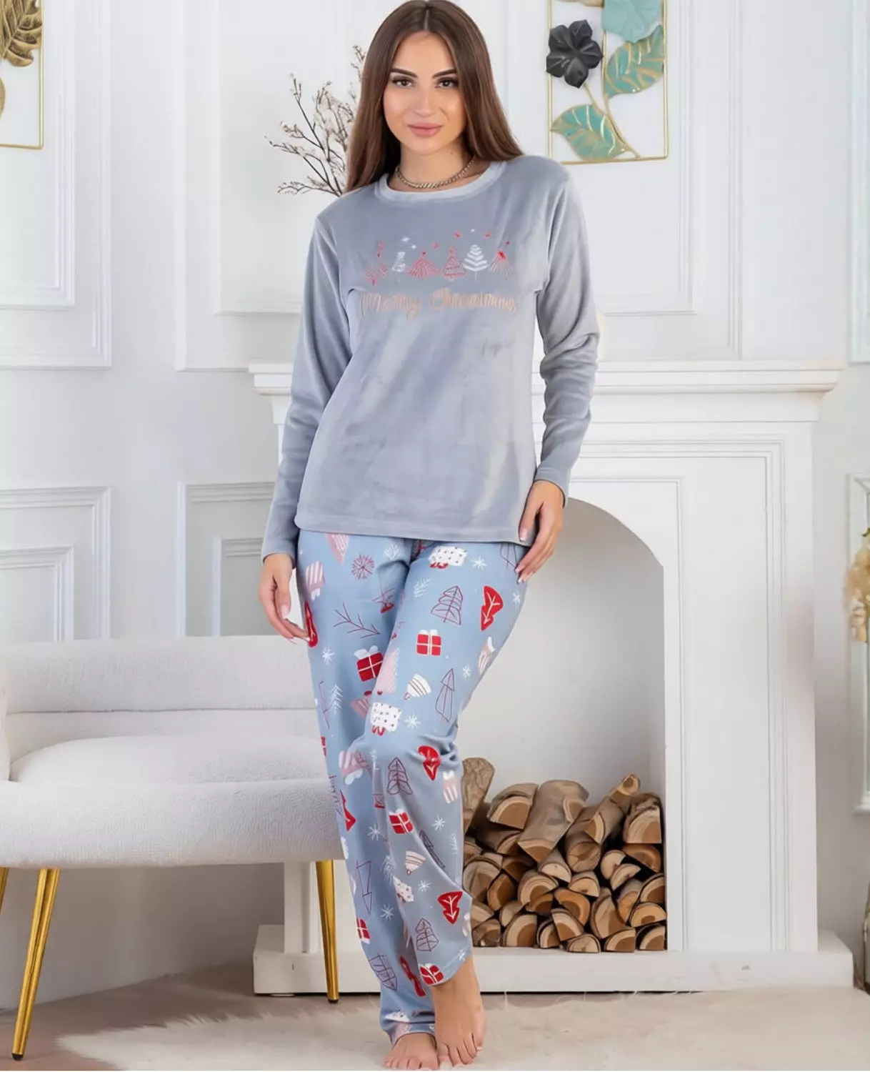 Grey Velvet "Christmas" Pajama Set hover image