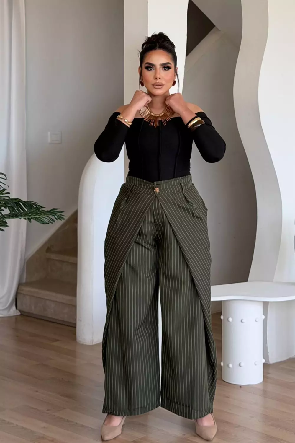 Pinstripe Extra Wide-Leg Trousers with Draped Front 2