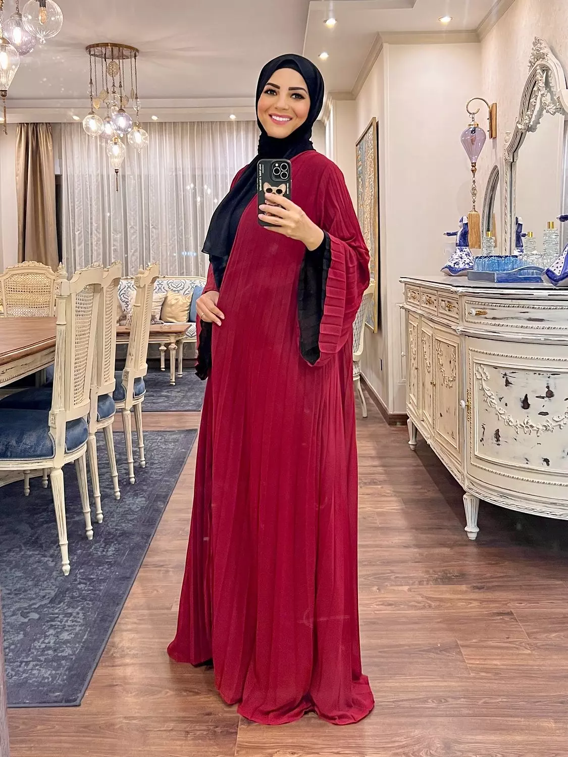 Double-faced Pleated Open Abaya- Black & Maroon 3