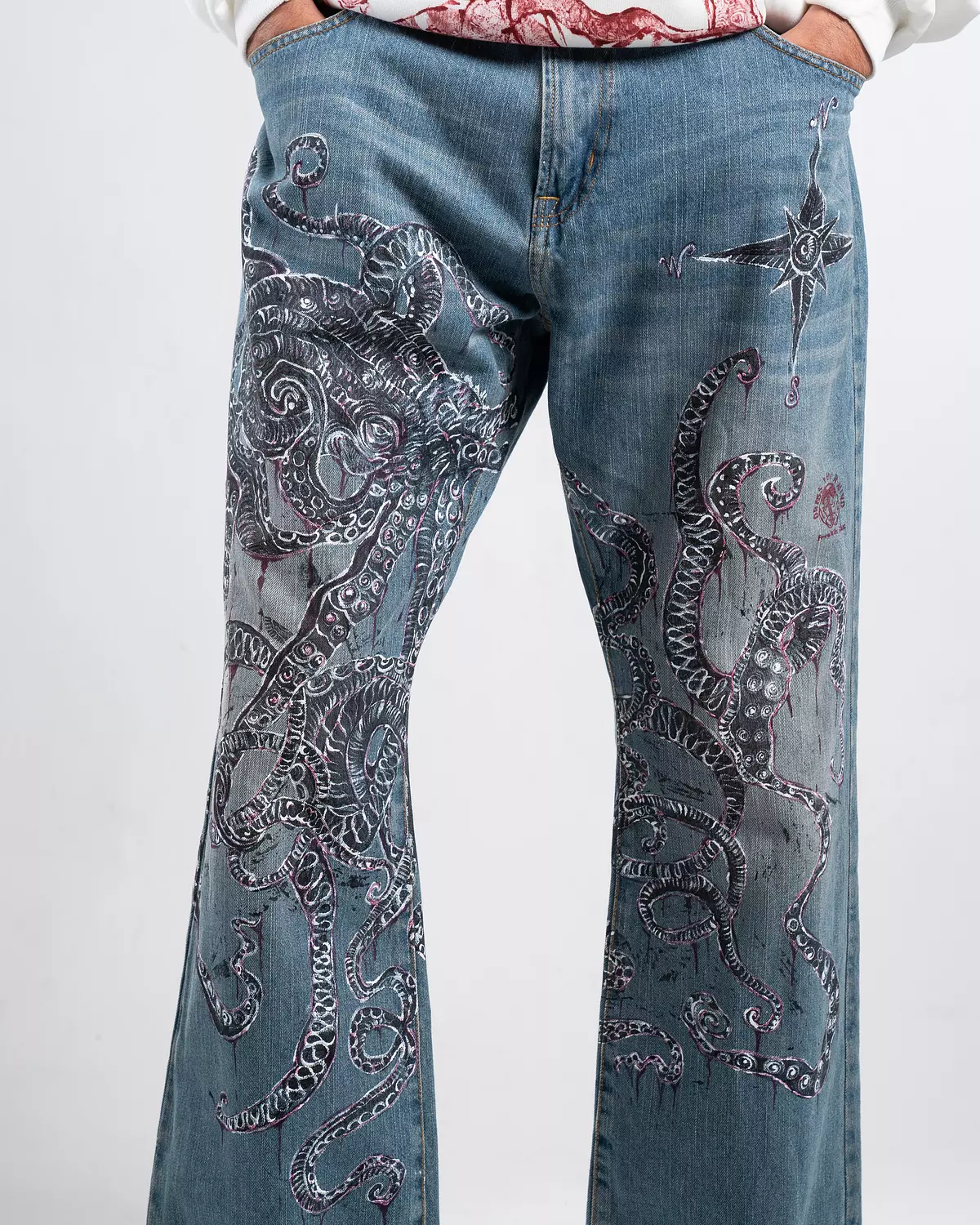 “Giant octopus “ 1of1 hand-printed &painted denim pants 7