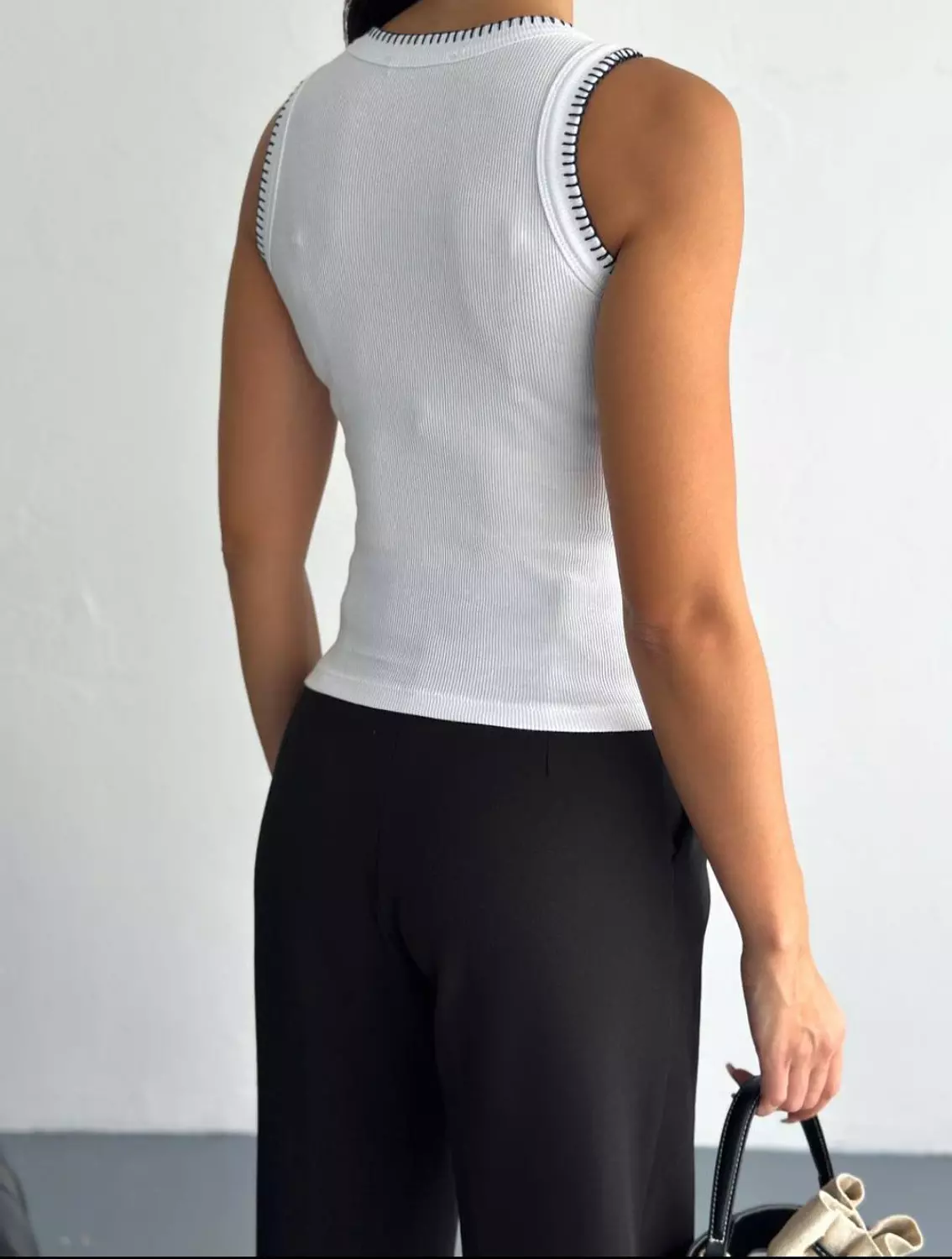 Basic White Top with black stitches hover image