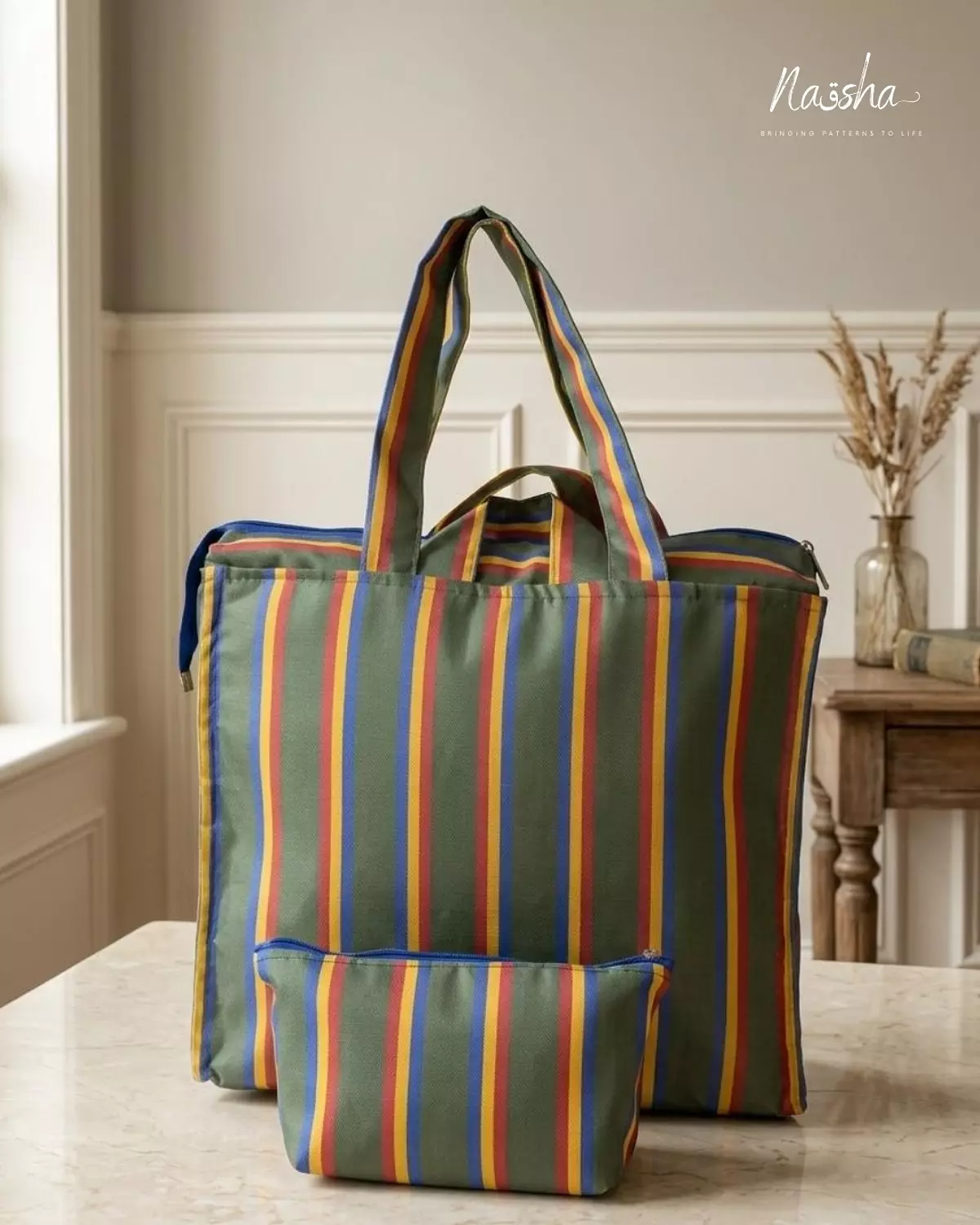 The Olive Rainbow Striped Tote in Waterproof image