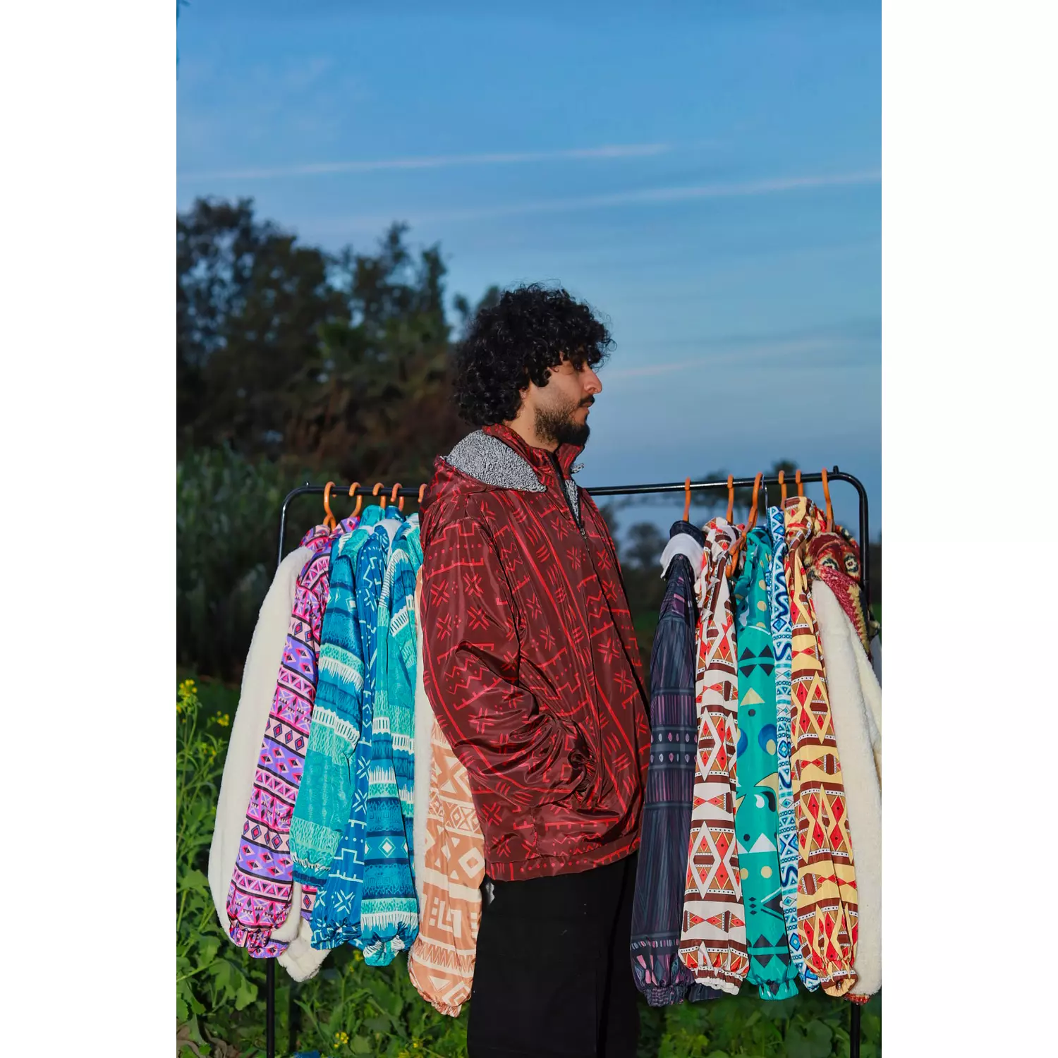 Hooded Red Patterned Ethnic Bomber Jacket image